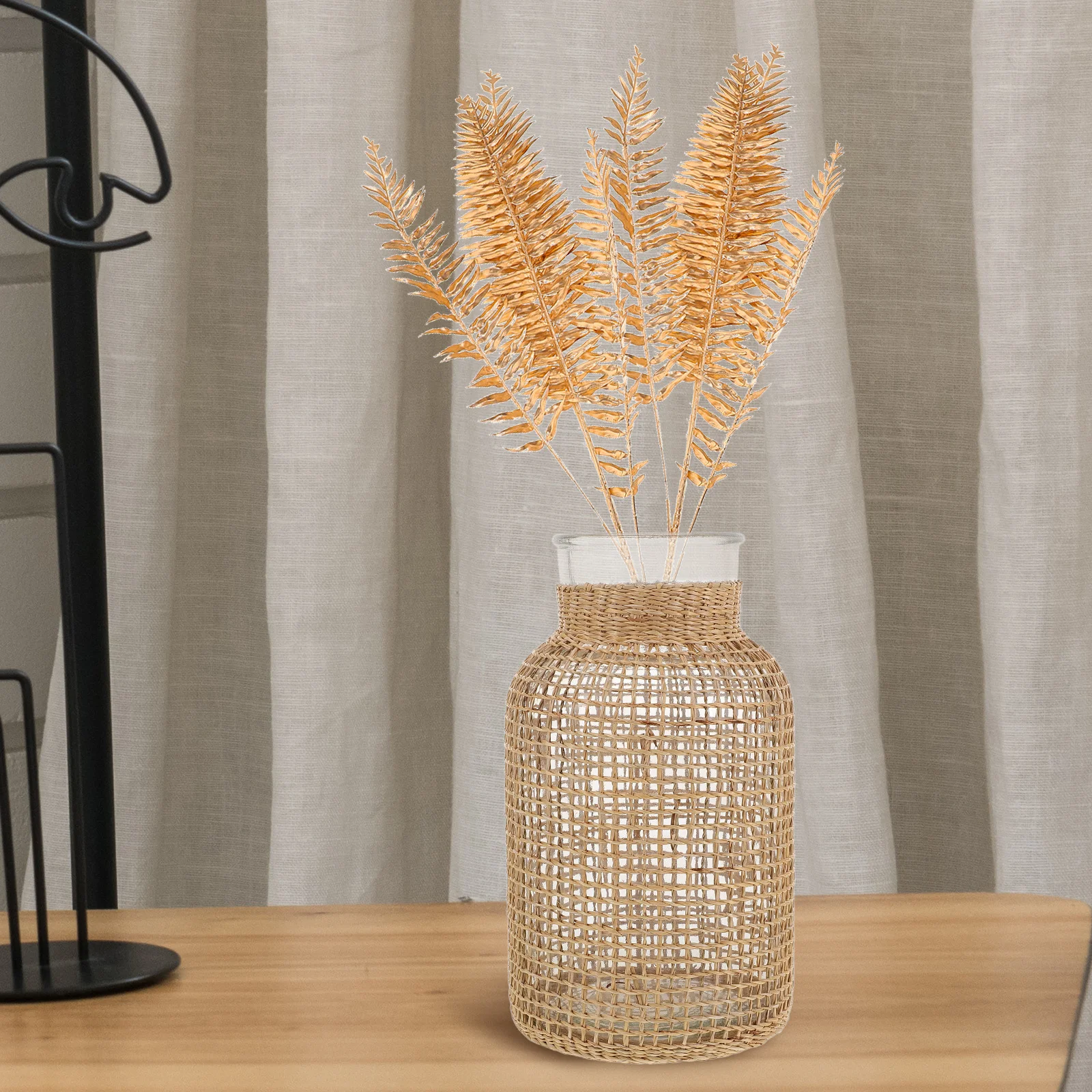 

Creative Woven Rattan Glass Dried Flower Container Rustic Style Farmhouse Decor Desktop Bedroom Home Office Vase Woven Flower