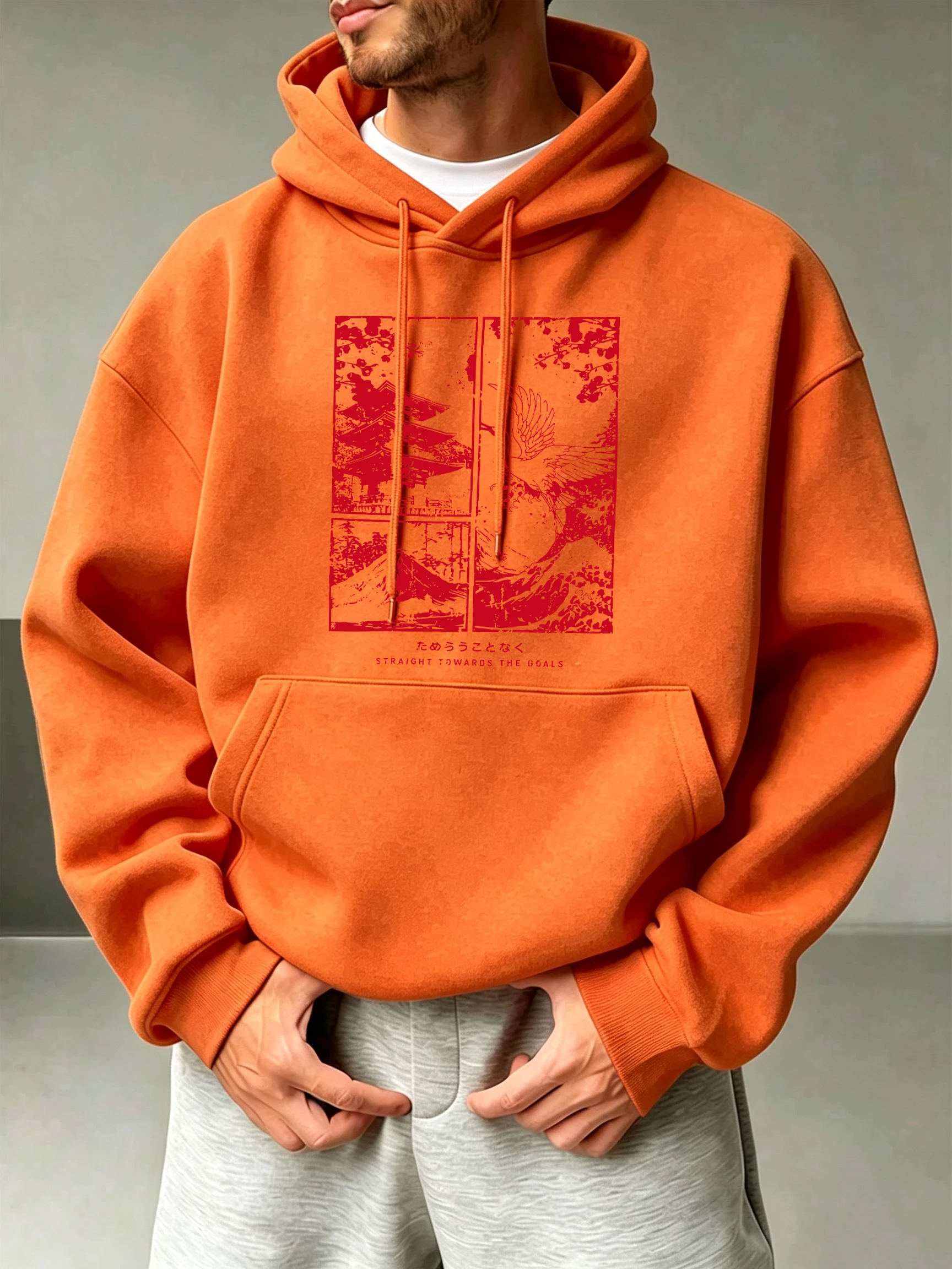 Japan Building Cherry Bloom Harajuku Crane Print Sport Hoodie Men Street Pullover Basic Casual Sweatshirt Autumn Fleece Clothes