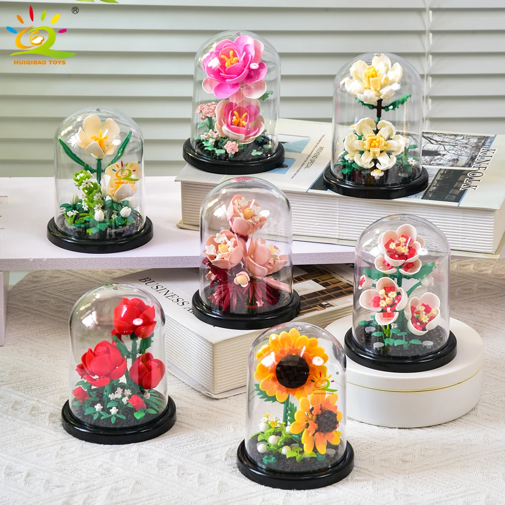 HUIQIBAO MOC Eternal Bouquet Display Box Micro Building Block Flower Model DIY Home Desk Plant Decoration Brick Toy For Children