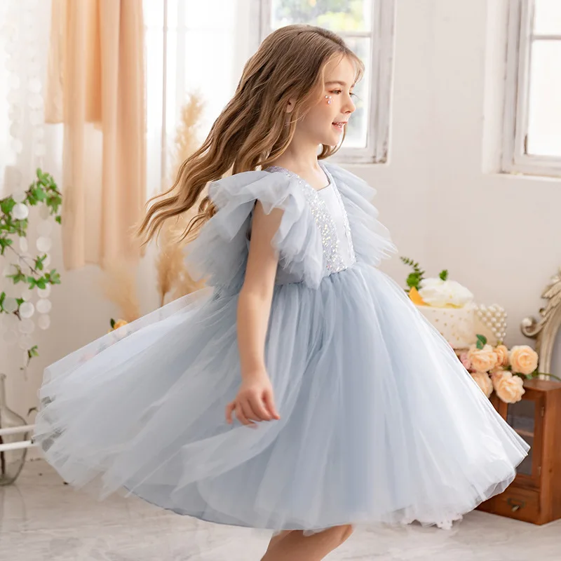 Kids Girls Light Blue Party Dress For Children Ruffles Sleeve Sequin V-Neck Wedding Vestido Costume Toddler Girl Clothes