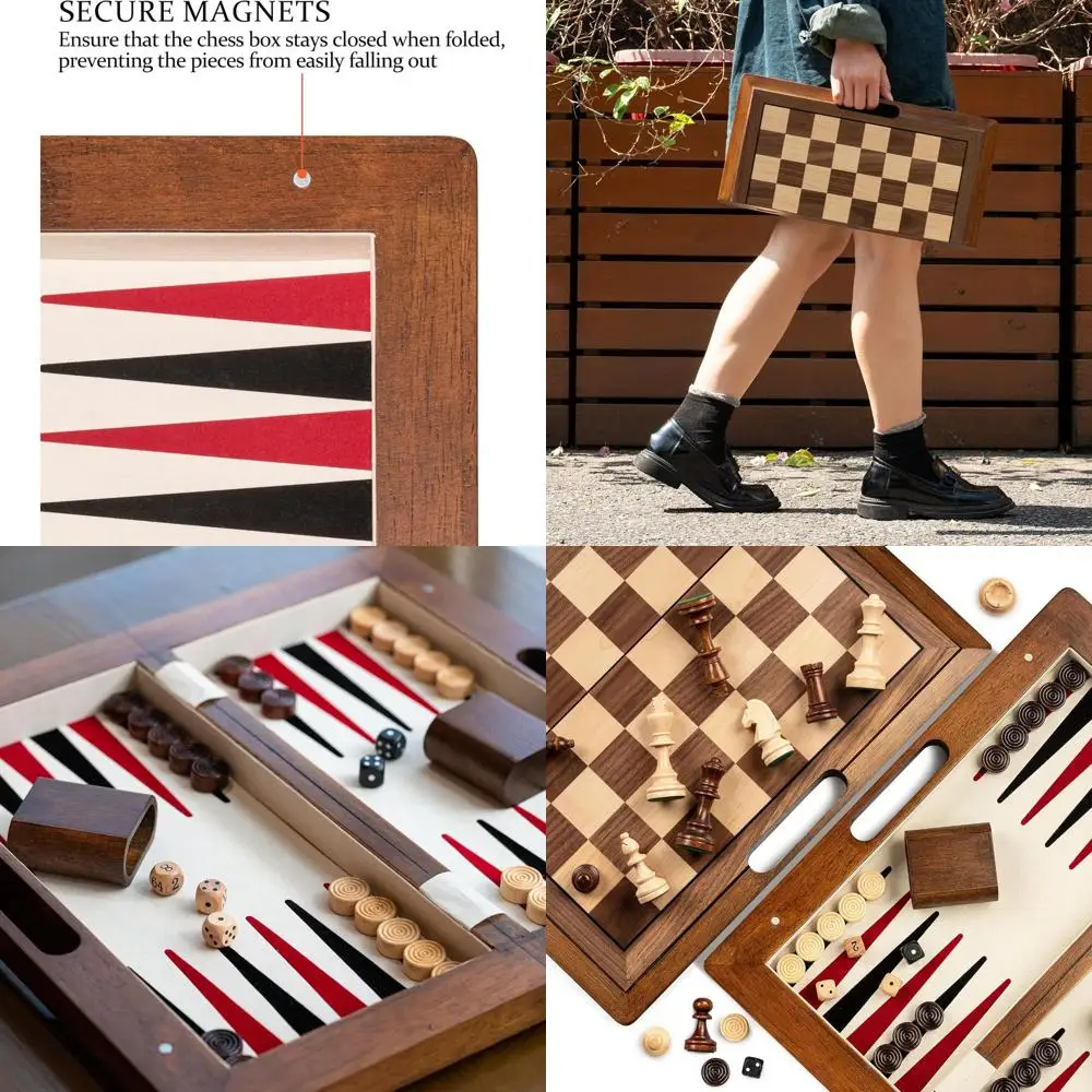 

Portable 3-in-1 Deluxe Wooden Chess, Backgammon, and Checkers Set with Folding Board and Hollow Handle Box for Adults
