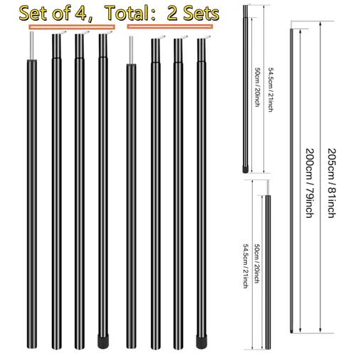 Imagen 2 del producto Juego de 2 postes de lona para tienda de campaña, postes universales telescópicos ajustables de aluminio para toldo de acampada, accesorios para tienda de campaña para dosel de habitación