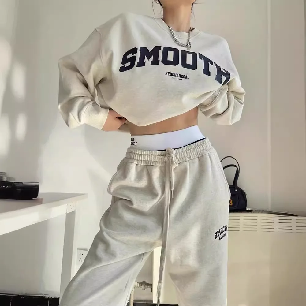 American Casual Fall Athletic Loose Versatile Sweatshirt Sweatpants Student Running Two Sets Women\'s Clothing