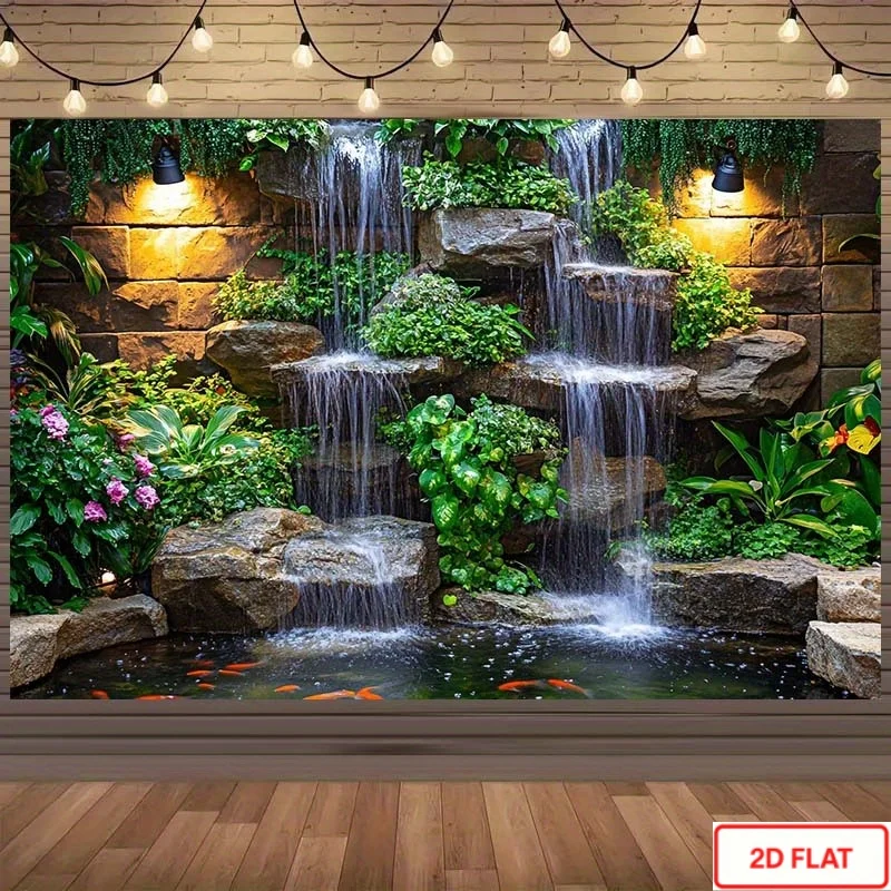 Garden Stone Waterfall Koi Pond Green Plants Tapestry 2D Flat Zen Landscape Wall Hanging for Living Room Bedroom Home Decor