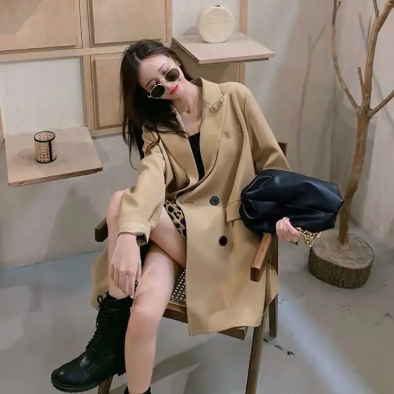 Khaki Color Blazer Women's New Korean Fashion Loose Casual Pocket Office Suit Coat Streetwear Double Breasted Jacket