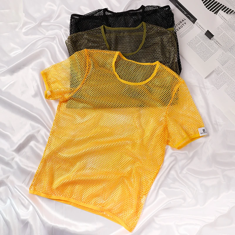 European Style Men's Hollow Out Mesh T-Shirt Summer Cool Breathable Short Sleeve Trendy Streetwear Casual Tank Top Fishnet Shirt