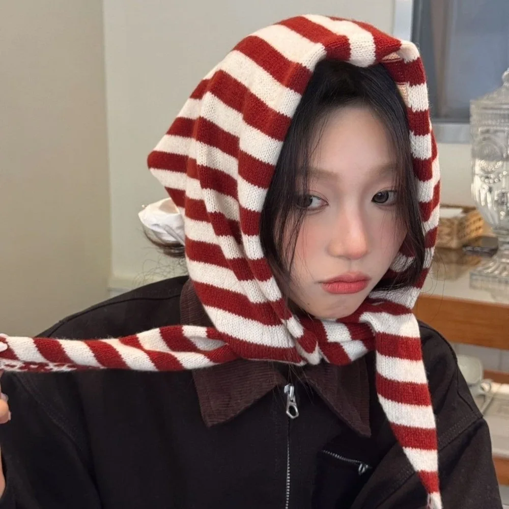 

New Striped Knitted Triangular Scarf Multi-functional Windproof Headscarf Imitation Wool Soft Shawl Gift