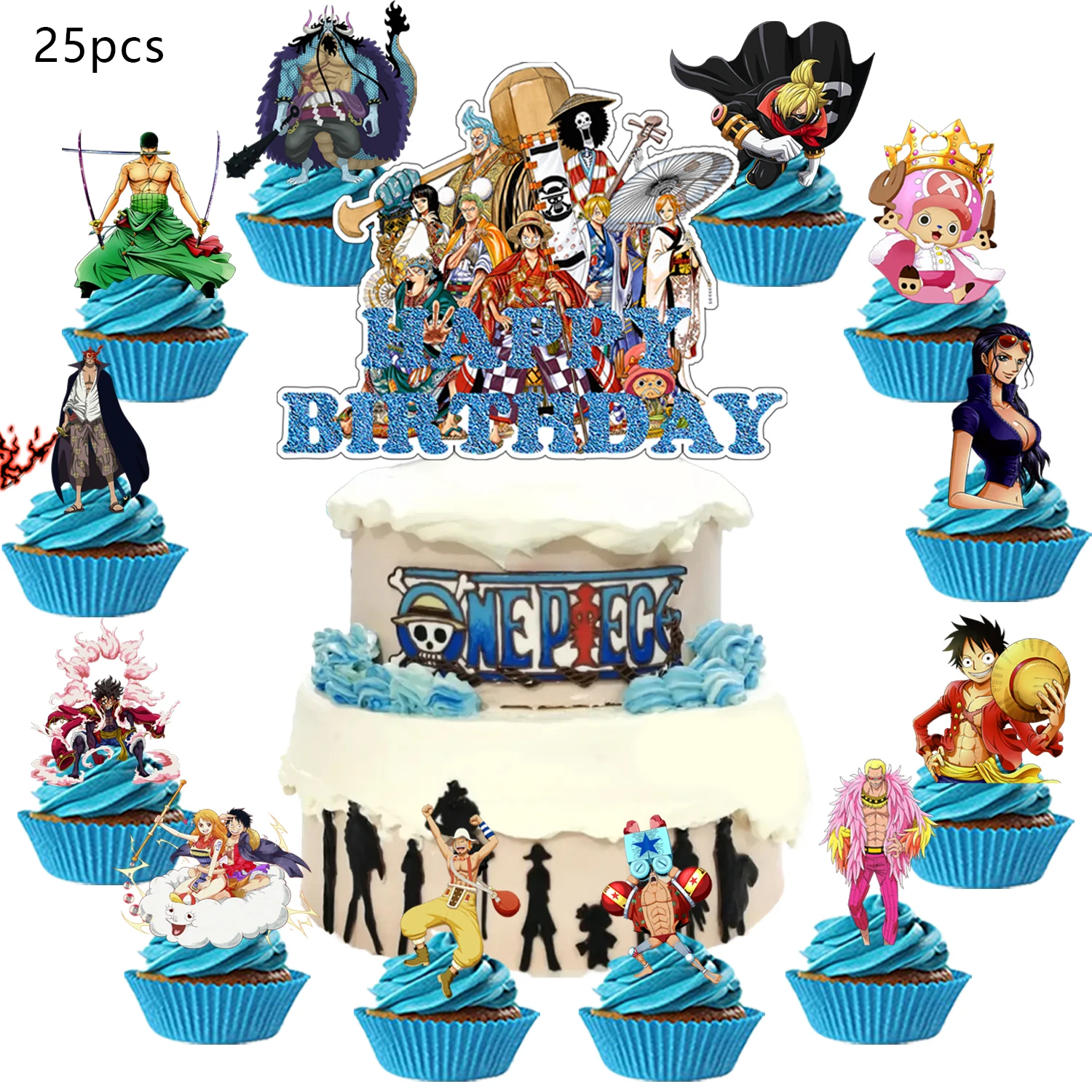 25 décorations de gâteau One Piece, décorations de cupcakes, décorations d'anniversaire, fournitures pour fête sur le thème One Piece, décorations de gâteau One Piece