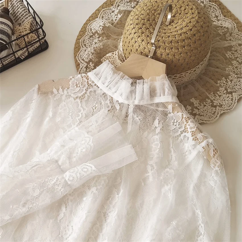 2023 Autumn Casual Women Short Blouse Lace Shirt Winter Long Sleeve Stand Collar Blousas Basic Tops Pullovers Bottomings WZ2338