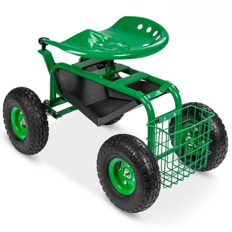 Movable Garden Work Seat Cart with 360 Degree Rotatable Seat and Tool Storage Tray