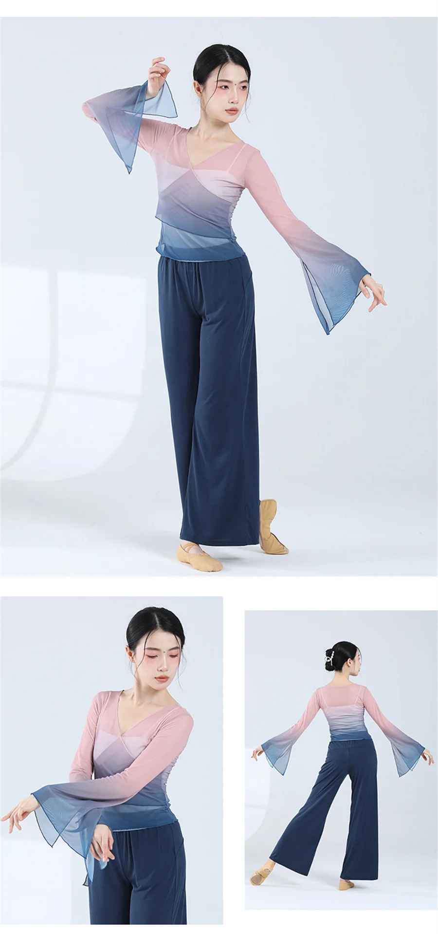 Klassischer Tanz, Mesh-Top, ausgestellte Ärmel, Farbverlaufsrampe, V-Ausschnitt, elegante Damen, moderner Tanz, durchsichtig, Eiskunstlauf-Ballett-Shirts – Detail 7