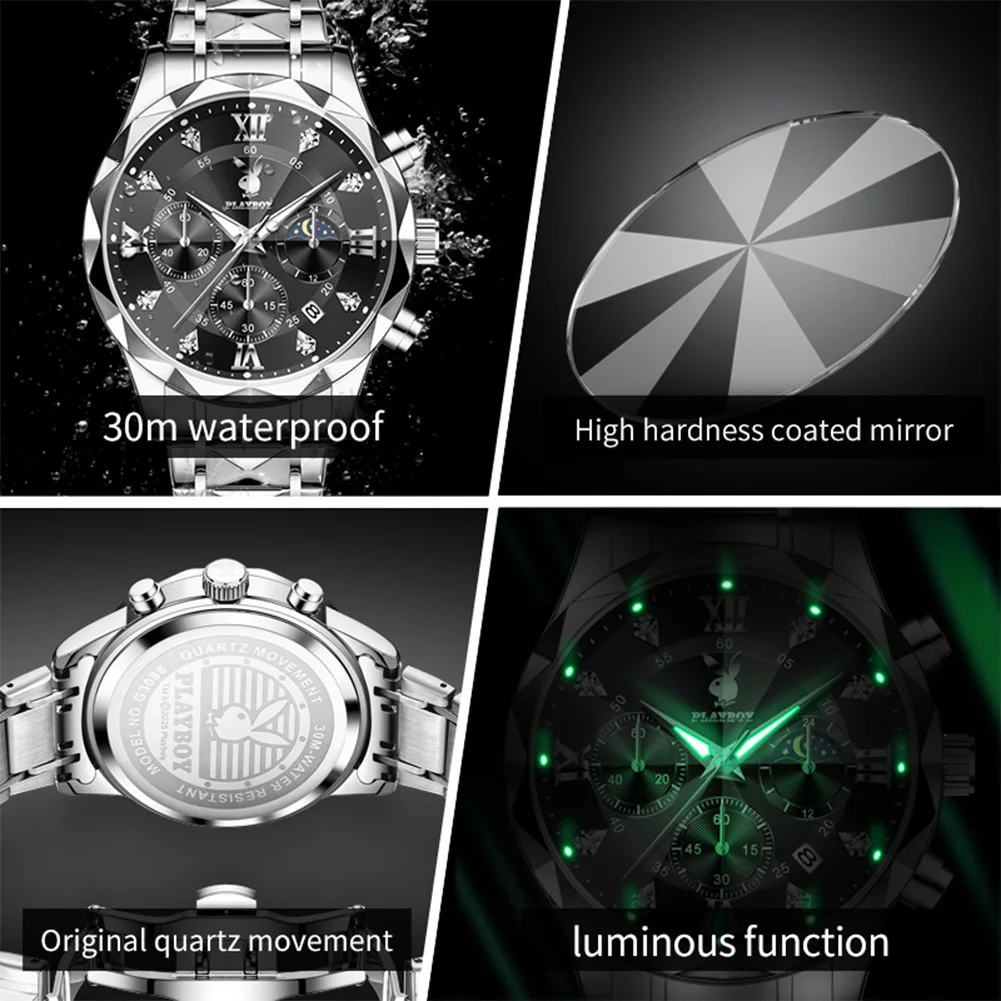 PLAYBOY 3088 Brand original authentic watches for man luxury Gift Box Diamond mirror multifunctional quartz men's watch view 5