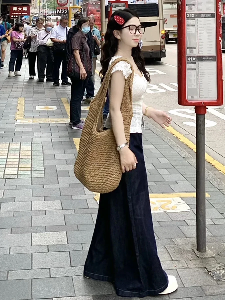 

Прямые джинсы с высокой талией, женские джинсы больших размеров, весна-лето, свободный крой, утягивающие широкие брюки длиной до пола