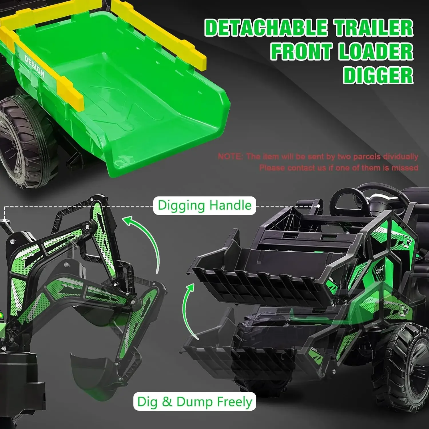 3 in 1 Kids 24V Ride on Tractor, Excavator & Bulldozer, Electric Vehicle w/Trailer, Digger, Shovel Bucket, Remote Control