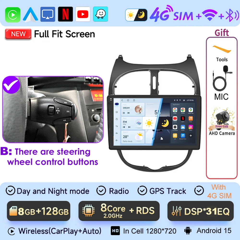 JIUYIN 9“ autoradio voor Peugeot 206 206CC 206SW 2000-2008 Android15 multimedia met CarPlay auto video speler stereo GPS scherm