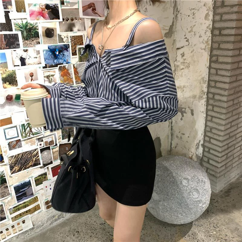Minivestido camisola con hombros descubiertos para mujer, vestidos elegantes de retazos a rayas de manga larga con cuello oblicuo para otoño, vestido ajustado falso de dos piezas