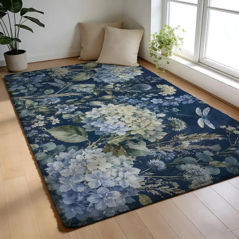 Blue Hydrangea Art Floor Mat Soft Flannel Rug Non Slip Washable Quick Dry Door Mat for Bathroom Kitchen Bedroom Home