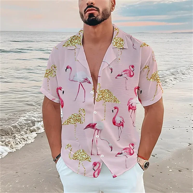 

2023 men's plus-size summer short-sleeved shirt flamingo pattern Hawaiian beach men's shirt casual shirt men's high quality