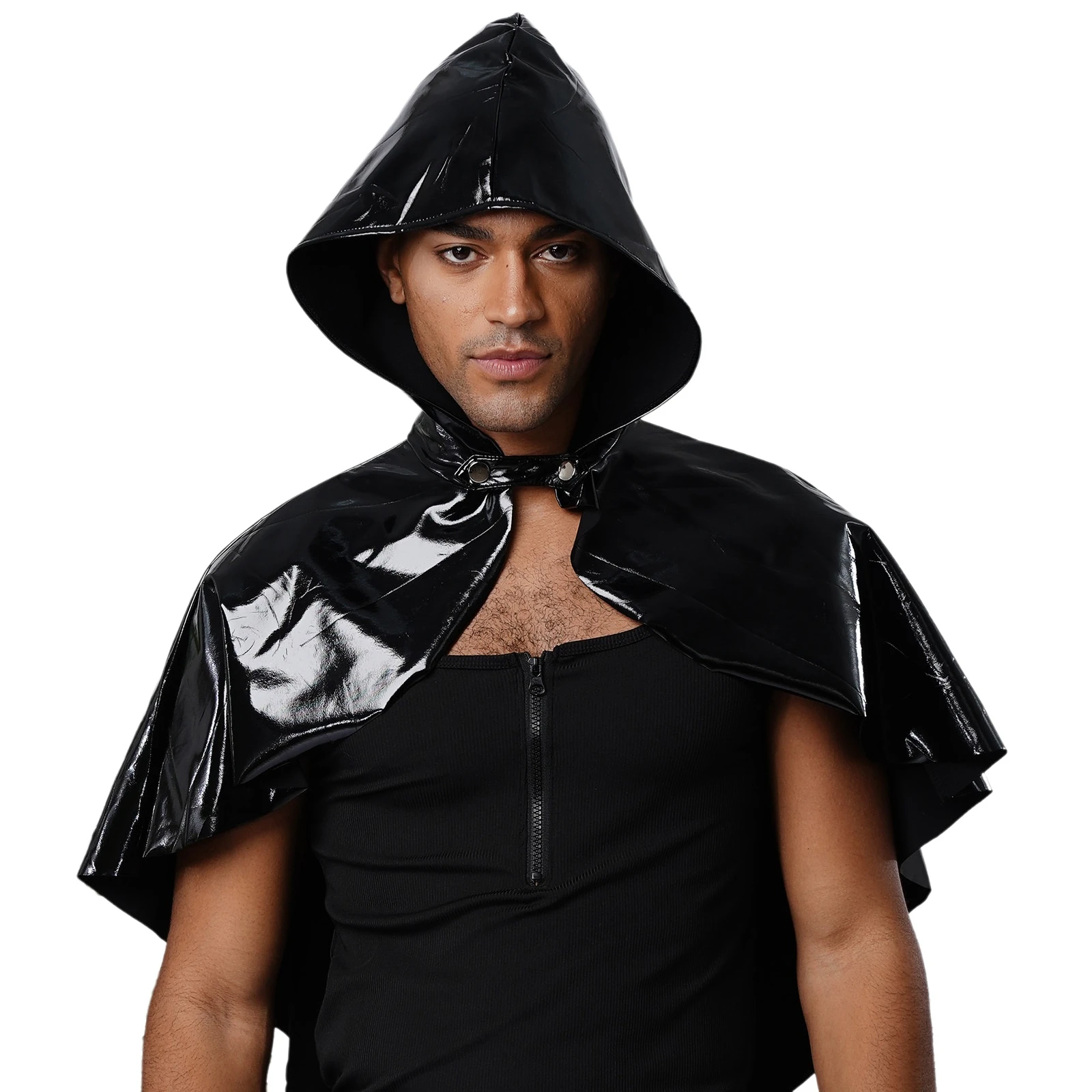 Capa masculina medieval de couro pu com capuz, aparência molhada, gótico, steampunk, feiticeiro, dramatização, vestido extravagante, botão de pressão frontal, capa curta