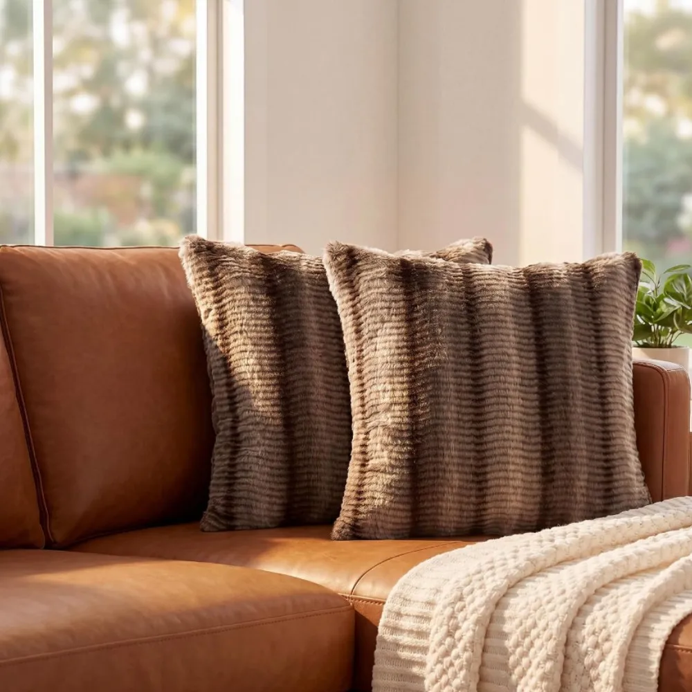 1/2pcs Faux Fur Gradient Coffee Throw Pillow Covers 18x18 Inch, Decorative Striped Plush Couch Pillow Covers with Velvet Back