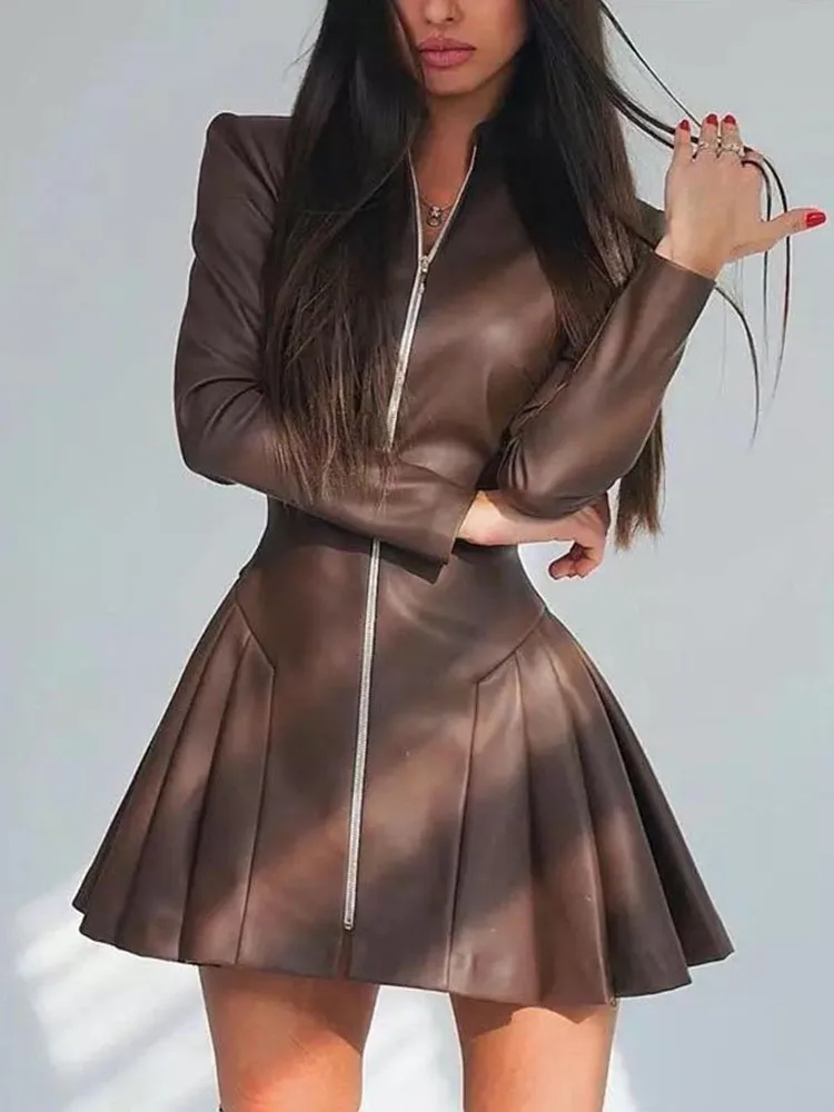 

Винтажное кожаное мини-платье MCDV на молнии, женское элегантное плиссированное платье А-силуэта с длинным рукавом, короткое, весна 2026, повседневное, модное