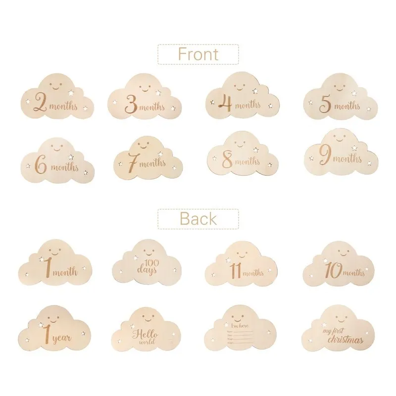 8Pcs/Set Wooden Cloud Shape Monthly Cards Double Sided Wooden Baby Engraved Age For Babe Photo Birthday Shooting Props