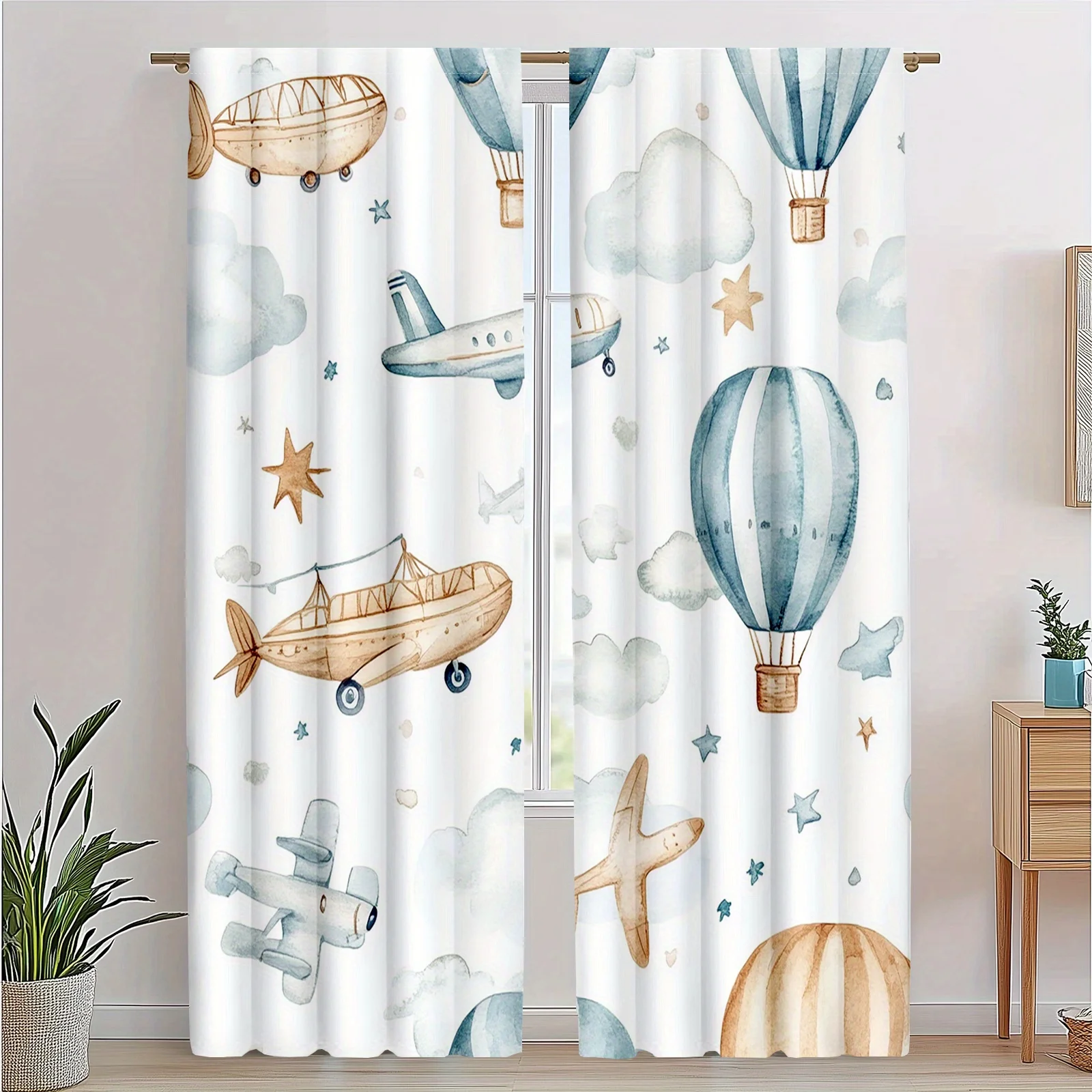 Vintage Airplane Hot Air Balloon Curtain Cute Cloud Pattern Drape Kids Room Nursery Boy Girl Bedroom Window Treatment Home Decor