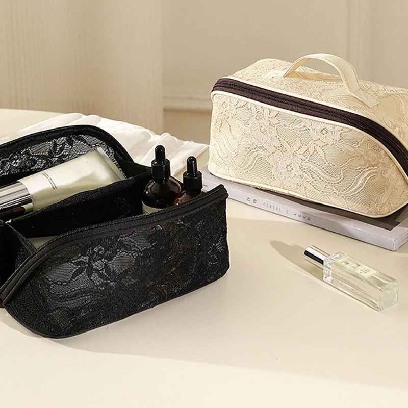Lace Folding Makeup Storage Bag Women's Portable  Rose Cosmetics Bag Flap Multiple Sizes Large Capacity Zipper Closure Bag