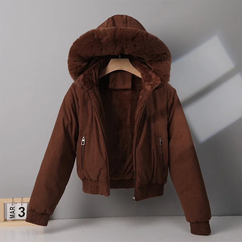 

Женская вельветовая куртка на хлопковой подкладке, новинка 2025 года, бархатная зимняя короткая куртка с большим меховым воротником и капюшоном, женская верхняя одежда, женское теплое пальто