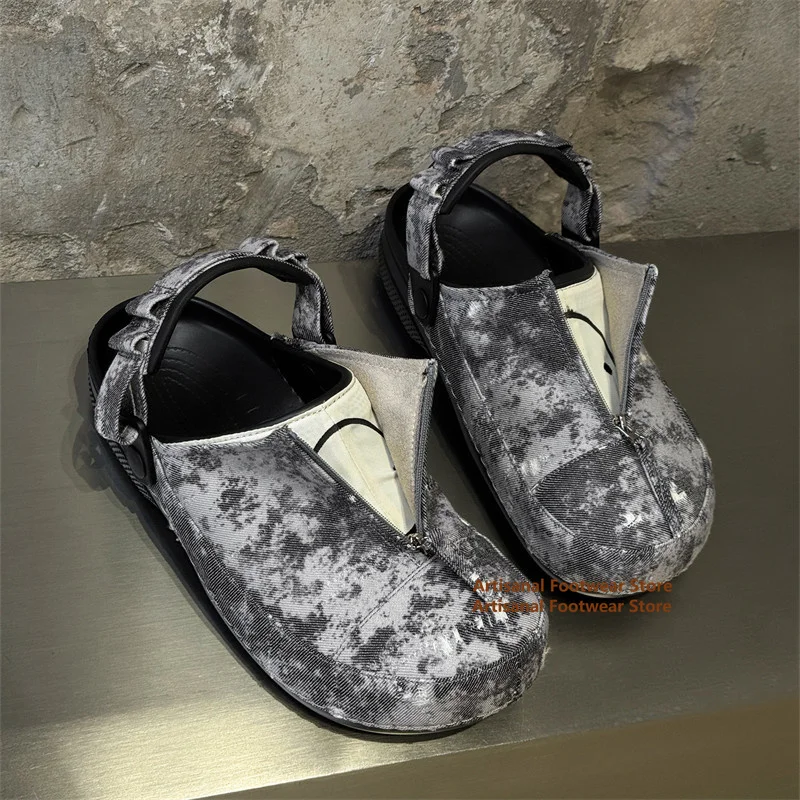 Blue Denim Camouflage Mules Slippers Lightweight Slip-On Shoes Closed-Toe Zip-Up Sandals Trendy Outdoor Men's Casual Shoes