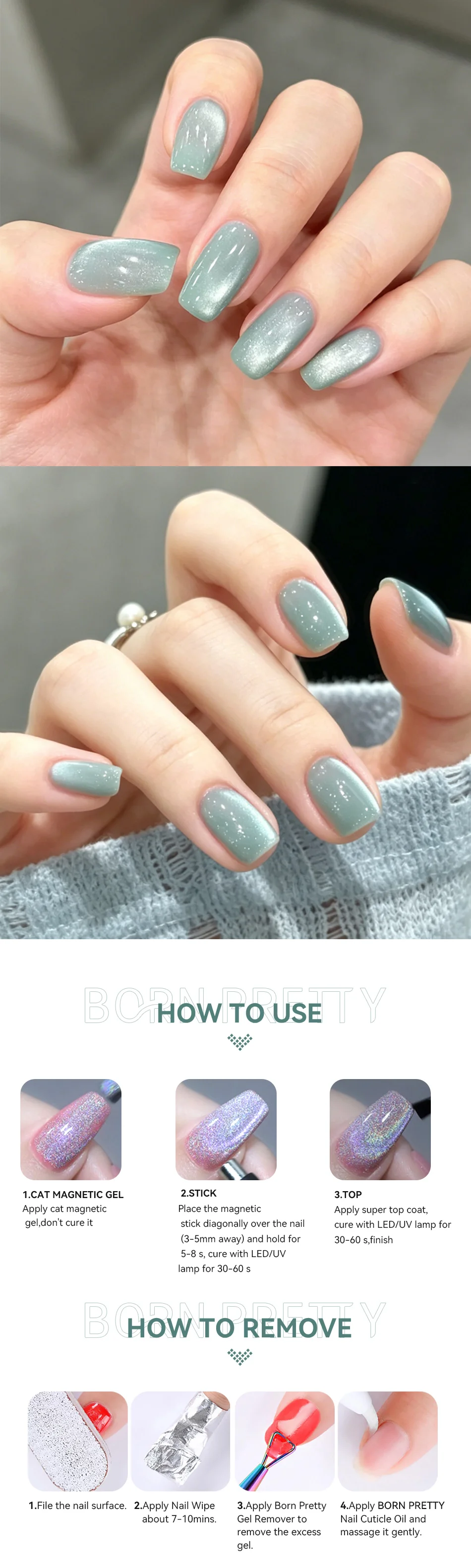 BORN PRETTY Lake Blue Farbiger Magnetischer Nagellack 10ml UV-Licht Aushärtender Glasperlen-Effekt Abziehbarer UV-Gel für Sommer-Nageldesign – Detail 3