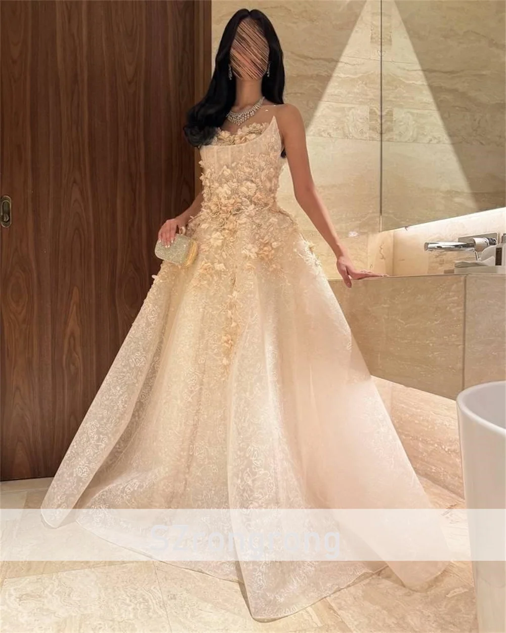 Luxury Strapless Lace Hademade 3D Floral Evening Dress vestidos piedra A-line Lace up Back Prom Party Gown with Court Customized