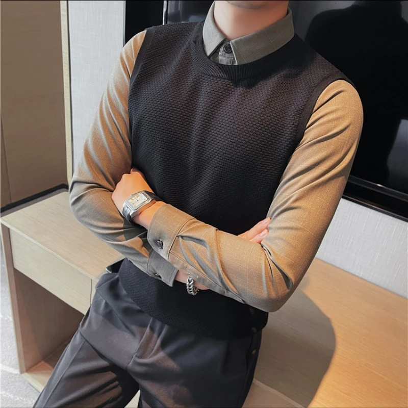 Autumn Winter Knitted Business Sweaters Men Shirt Collar Long Sleeve Two Fake Vest Shirts Casual Social Streetwear Pullover 2023