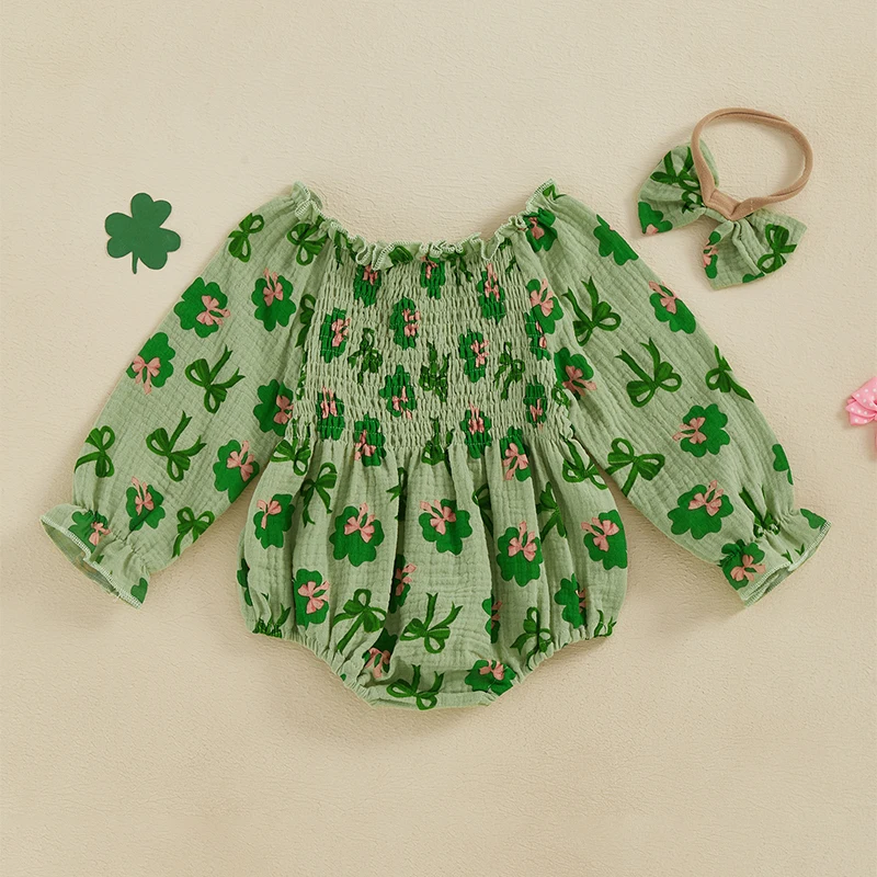 Set pakaian bayi perempuan, baju monyet Hari Irlandia bayi perempuan lengan panjang hijau busur gambar semanggi dengan ikat kepala musim semi 2 potong