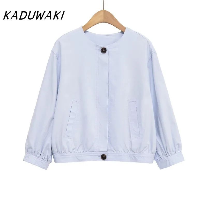 

KADUWAKI, весенние женские повседневные модные простые универсальные топы в американском стиле ретро, осенние свободные короткие куртки-пилоты с круглым вырезом и длинными рукавами