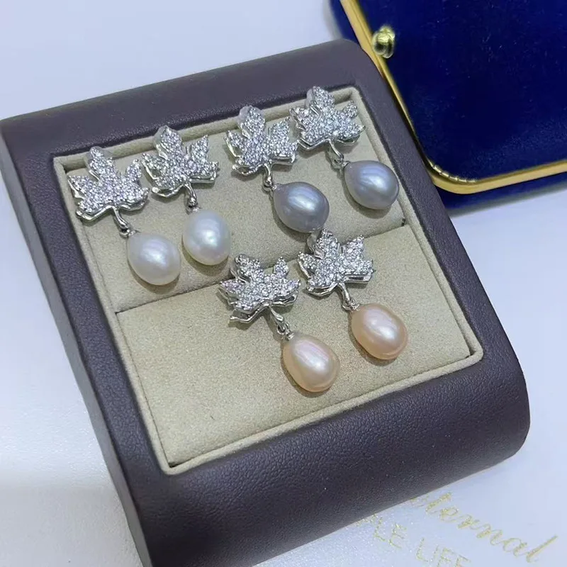 Freshwater Pearl Drop Earrings Women Maple Leaf Zircon Stud Earrings Luxury Rhinestone Jewelry S925 Silver Post