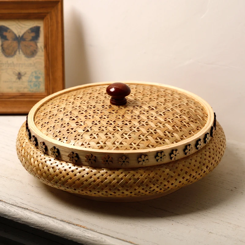 

Handmade Bamboo Basket with Lid, Bamboo Household Storage Basket, Finely Woven Miscellaneous Organizer, Tea Set Dry Fruit Tray