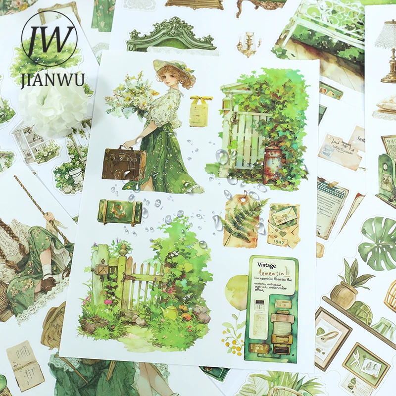 

JIANWU 20 Sheets/book Vintage Green Corner Plant Flower Landscape Material Collage Sticker Book Creative DIY Journal Stationery