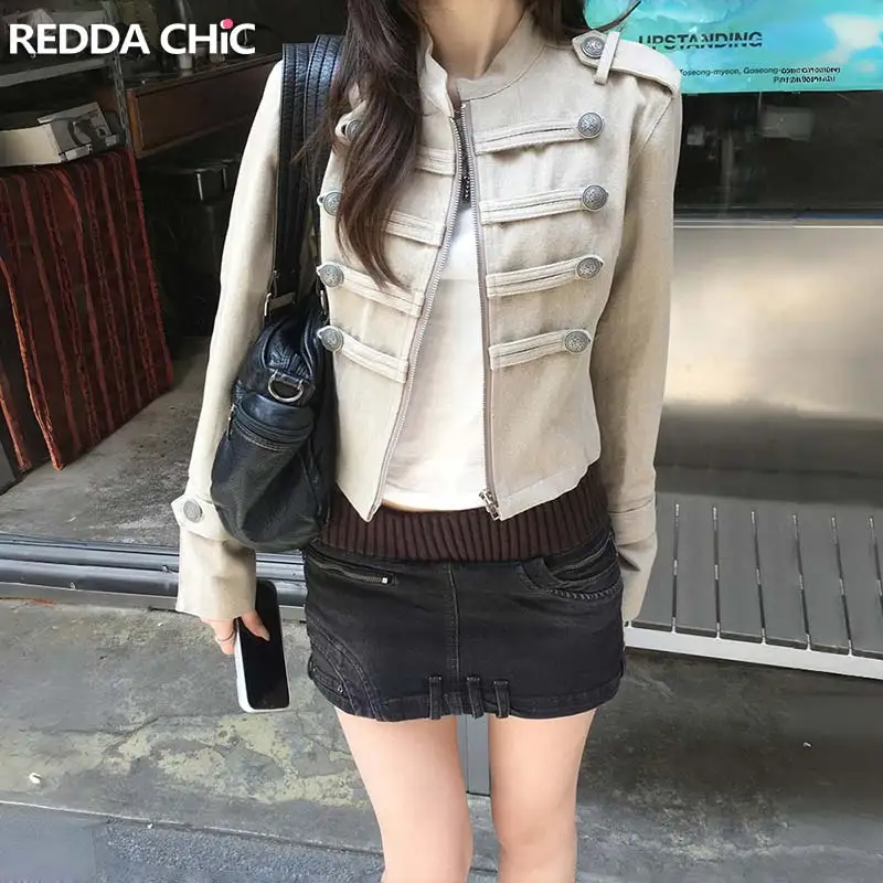 ReddaChic Double Breasted Cropped Jacket Women Napoleon Zip Up Cleanfit Long Sleeve Stand Collar Windbreaker Vintage Outerwear