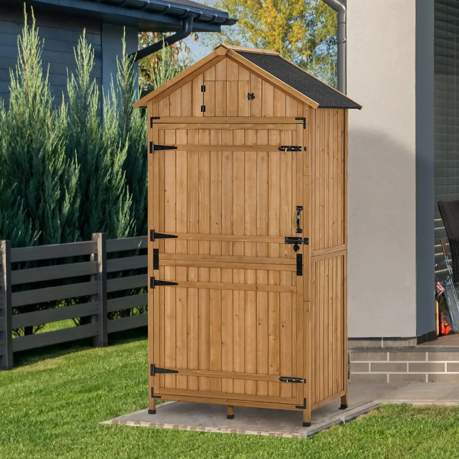 Mcombo Large Outdoor Storage Shed With Adjustable Shelves, Outdoor Storage Cabinet With Lock, Wood Garden Tool Shed For