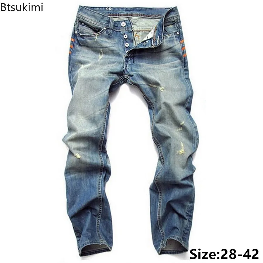 

Fashion New Men's Vintage Jeans High Quality Korean Style Casual Slim Straight Pants Men Trend Holes Denim Trousers Plus Size 42