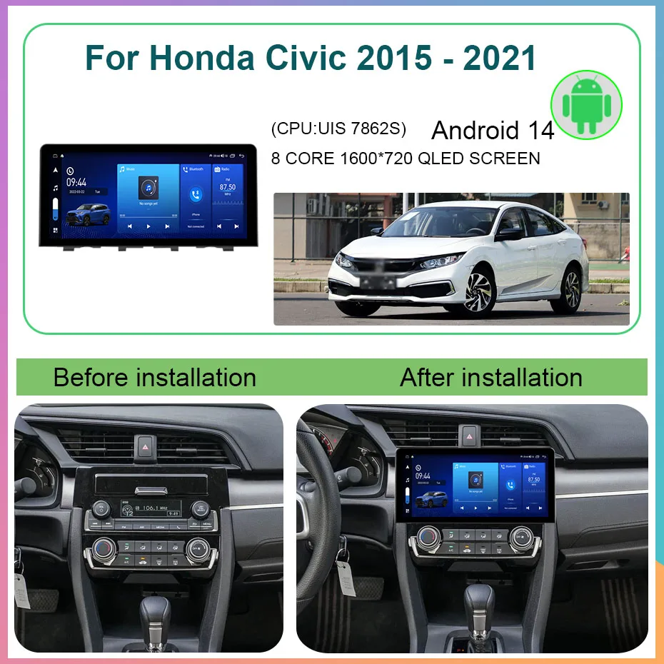 Andriod 14 Car Stereo Radio For Honda Civic 2015 - 2021 Multimedia Player Wireless Carplay Android auto WiFi DSP