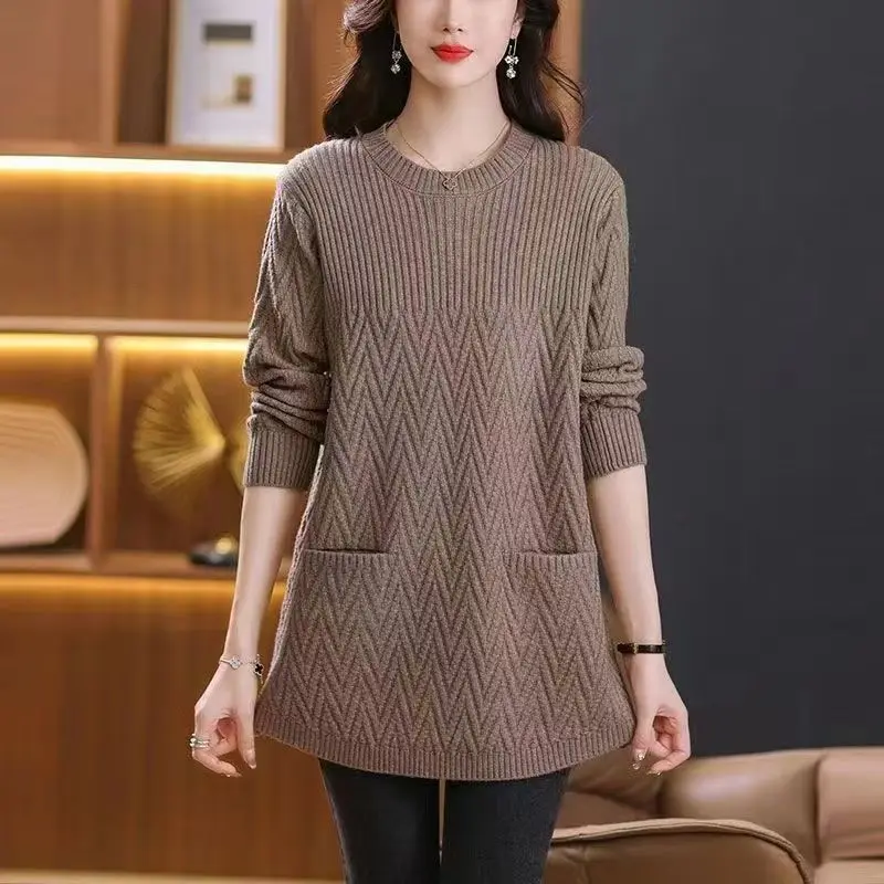 Autumn and Winter Mid Length Women\'s 2024 Pullover Half High Neck Panel Screw Thread Pocket Loose Knitted Long Sleeved Sweater