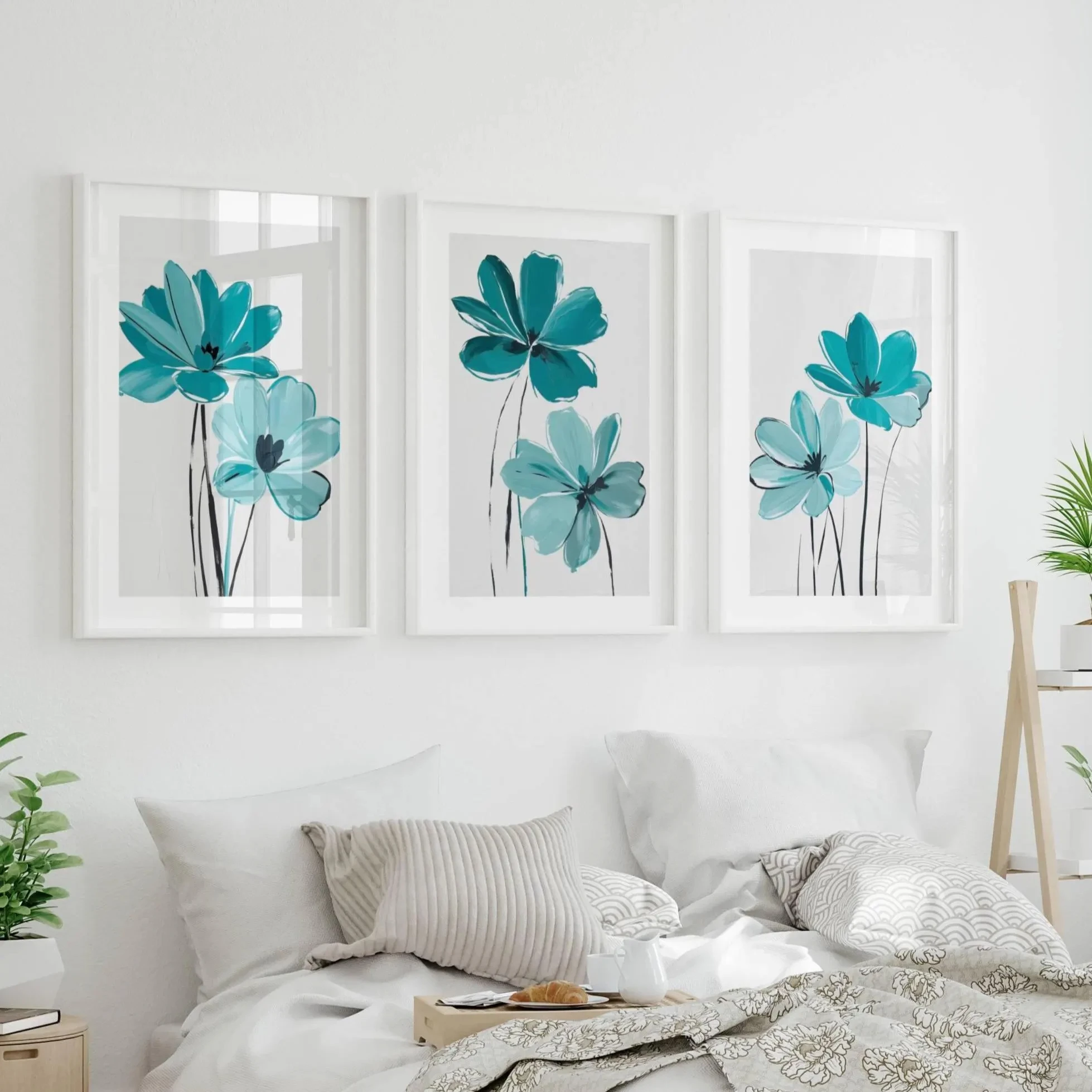 3pcs frameless Canvas Painting Teal Abstract Floral Canvas Prints, Minimalist Watercolor Flower Wall Art, Modern Botanical Poste
