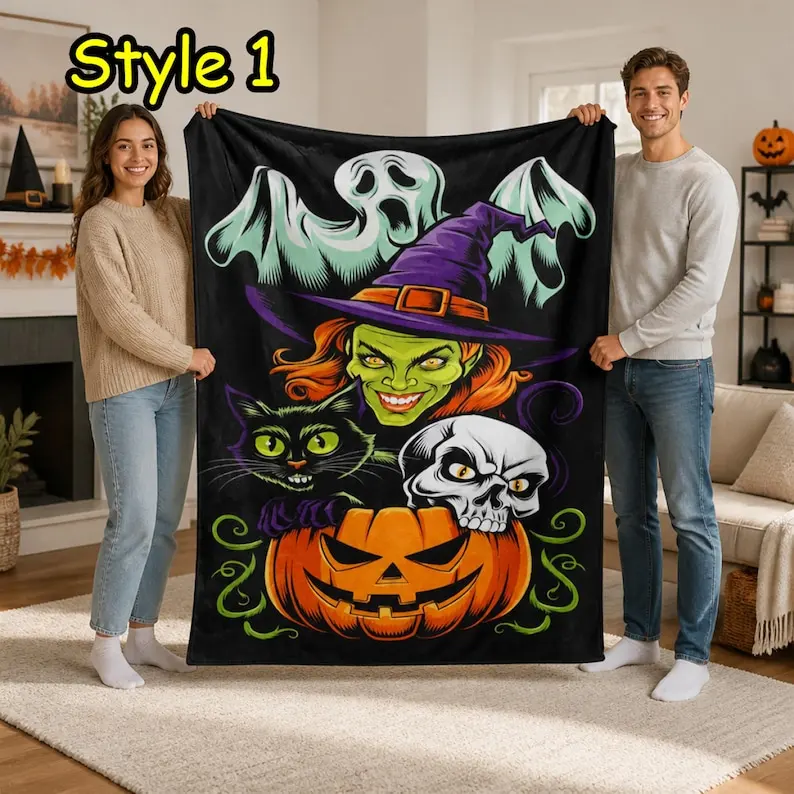 Halloween Flannel Throw BlktSpooky Pumpkin Ghost Witch Blk Cat Haunted Hse Paten Soft Coz Blkt for Sofa Bed Halloween Home Deco Holiday Gift