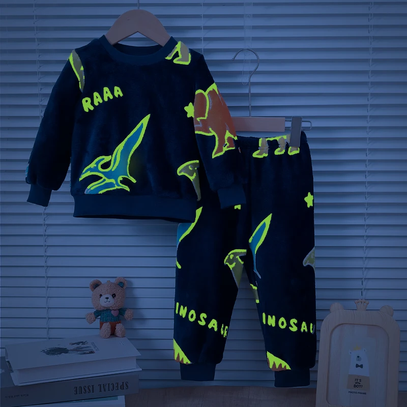 Baby Boys Autumn/Winter Plush Night Fluorescent Home Fur Baby Warm Pajama Set Fashionable and Comfortable Child Accessories