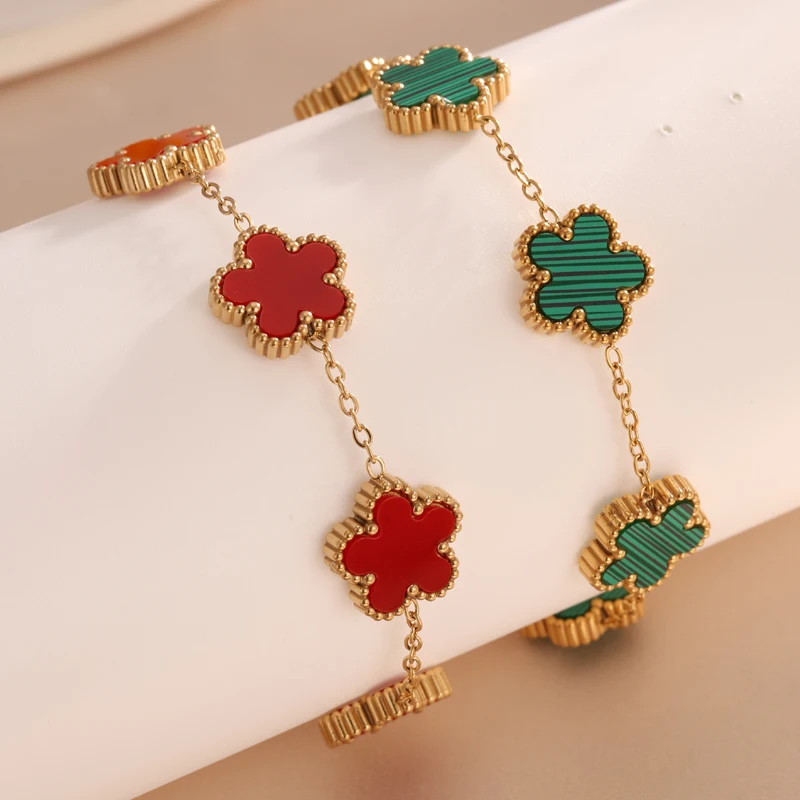 

UILZ Luxury Stainless Steel Lucky 5 Leaf Flower Bracelet For Women Green Shell High Quality Bracelet Daily Simple Jewelry