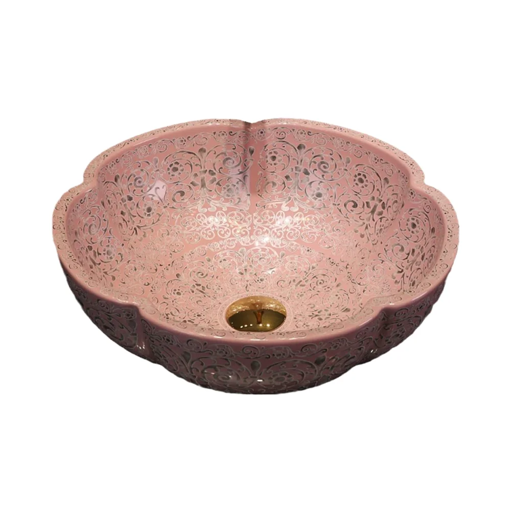 Traditional Southeast Asian Style Pink Artistic Ceramic Bathroom Vessel Sink Above Vanity With Drainer For Wash Application