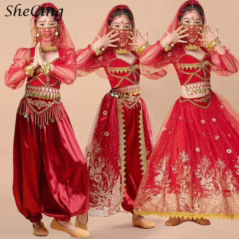 Kids India Princess Belly Dance Set Oriental Noble Jasmine Sari Girl Performance Costume Bollywood Children Stage Cosplay Outfit