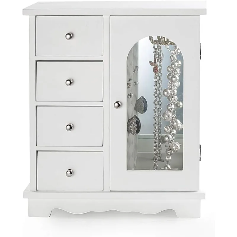 

White Jewelry Box for Girls Wooden Makeup and Accessories Organizer Ring Storage with 4 Drawers and Swing Door